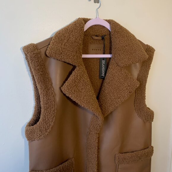 BLANKNYC Faux Leather & Shearling Long Vest Brown Sherpa Collar Sleeveless - Picture 4 of 6